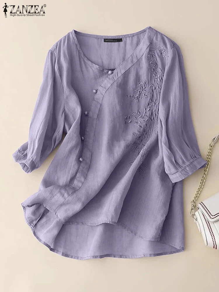 ZANZEA Elegant Women V Neck 3/4 Sleeve Work Shirt Casual Solid Tunic Tops Cotton Blusas Vintage Autumn Embroidery Floral Blouse