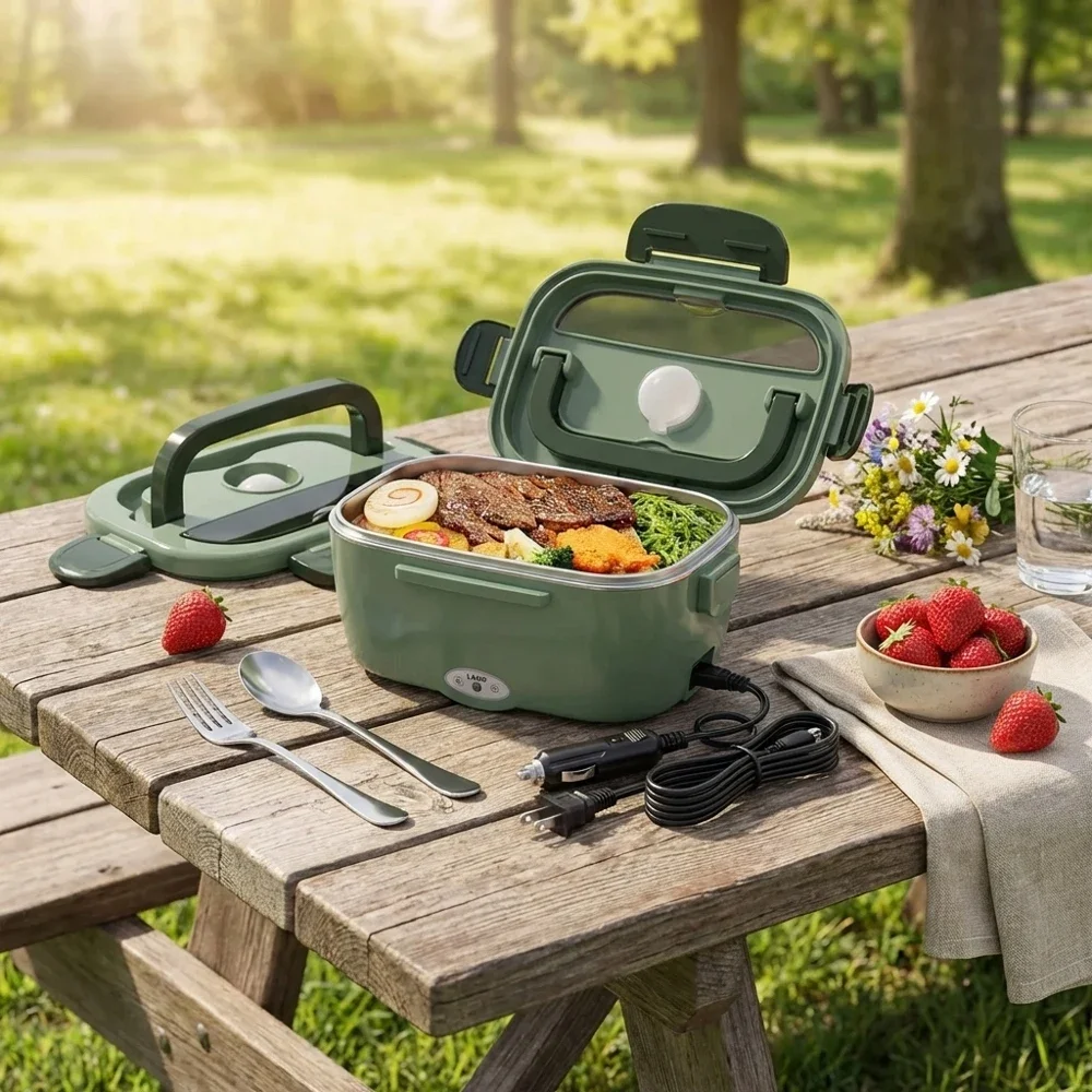 Lonchera Eléctrica Portátil de 80W, Calentador de Comida a Prueba de Fugas, 2 Compartimentos, con Adaptador para Auto y Hogar, Aislada