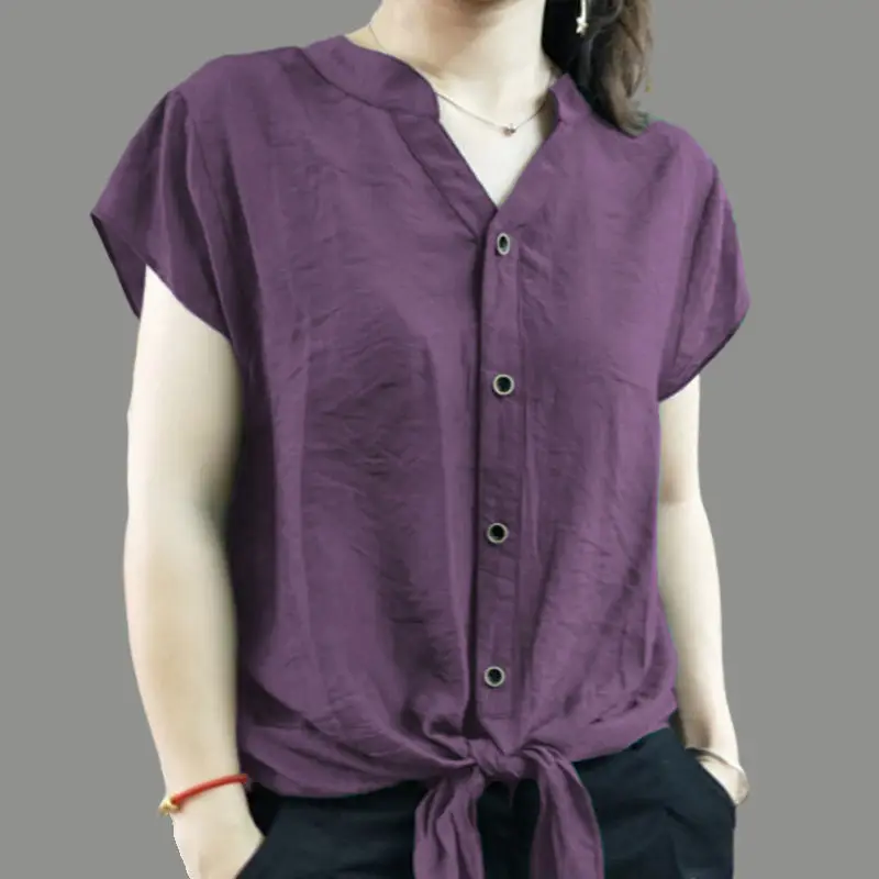 Camisa de manga corta con cuello en V para mujer, camisa holgada con botones de estilo Simple, informal, sólido, combina con todo, 2023