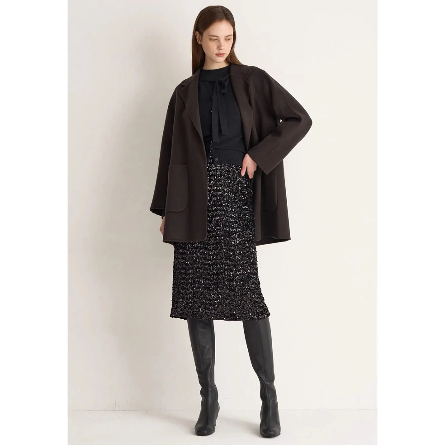 

Double-Sided Hand-Stitched Wool Camere Coat with Belt Lemon Cheese Winter Commute Sle Loose Fit Mid-Length Sve