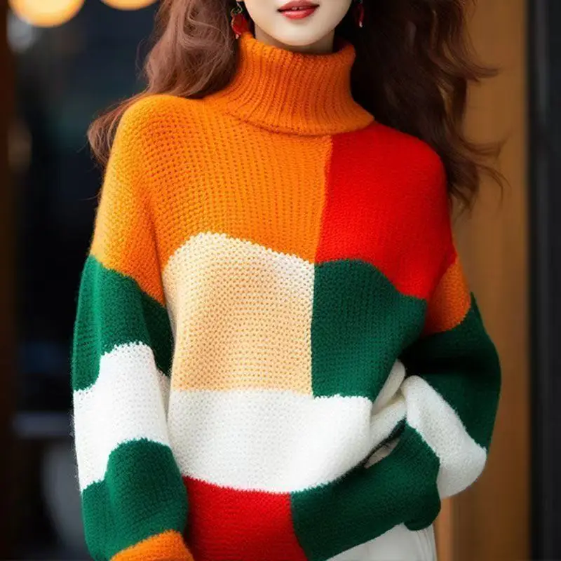 ฤดูใบไม้ร่วงฤดูหนาวผู้หญิงเสื้อผ้าPatchworkเสื้อคอเต่าสุภาพสตรีแฟชั่นและการพักผ่อนMulticolorหนาแขนยาวPullovers Top