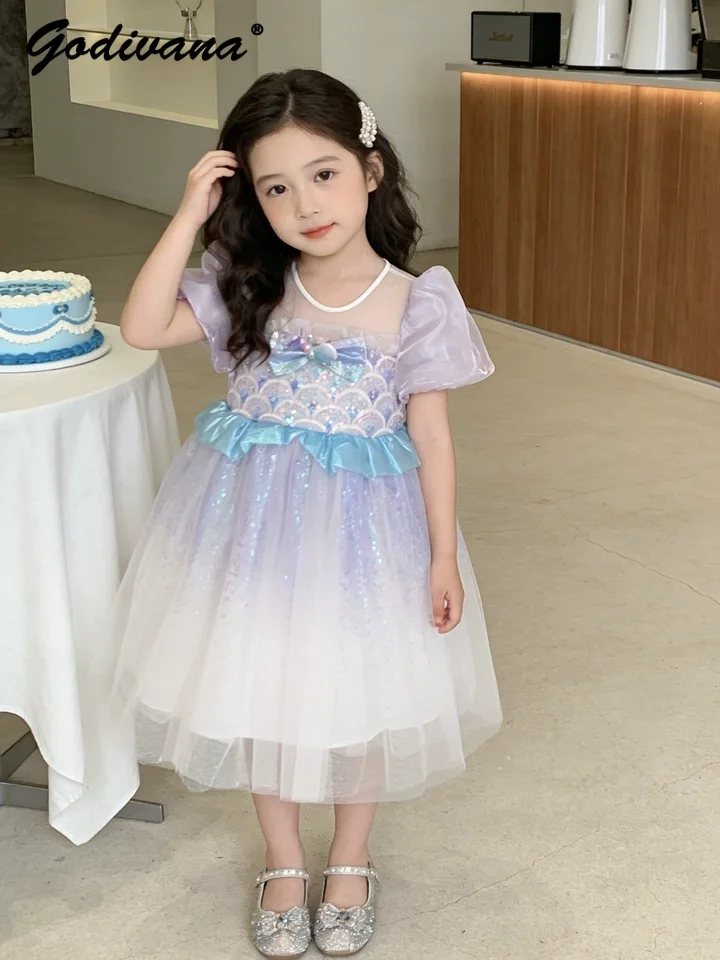Sweet Cute Baby Girls Mermaid Princess Dress New Summer 2026 Fashion Kids Purple Gradient Sequin Tulle Fairy Birthday Party Gown