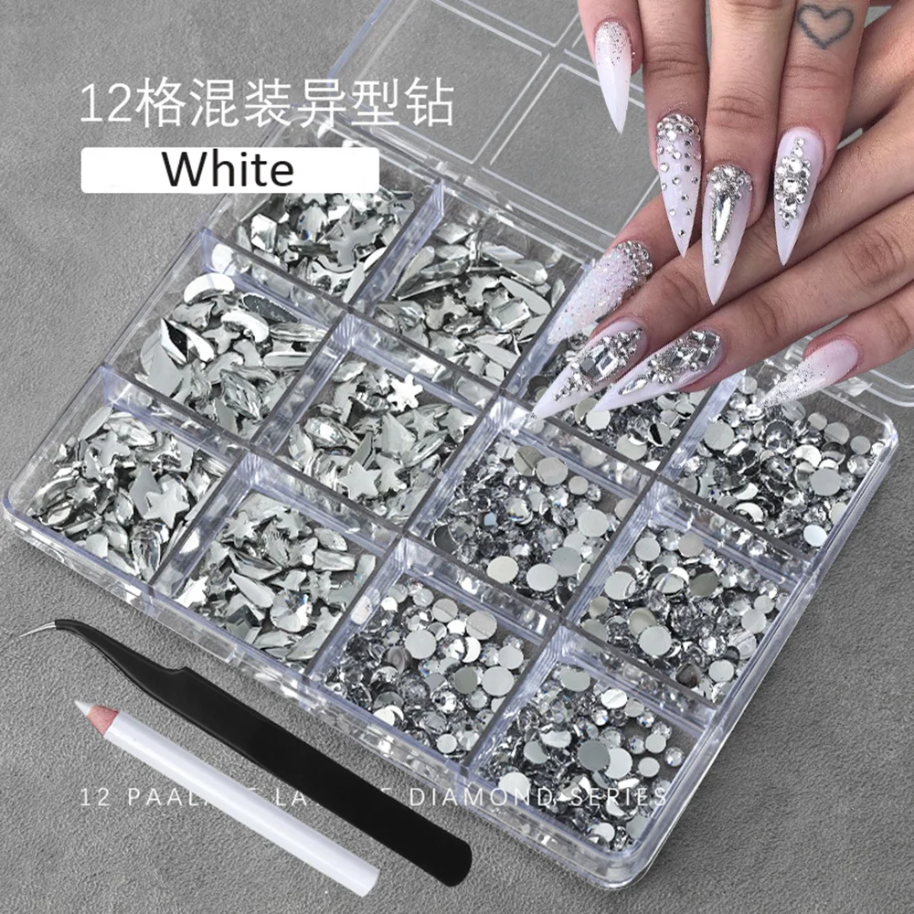 12 Gitter 3D Baby Blau Multi-Form Nail Art Strasssteine Flache Rückseite Harz Diamant Luxus Nagel Charms für DIY Nagelspitzen Dekorationen