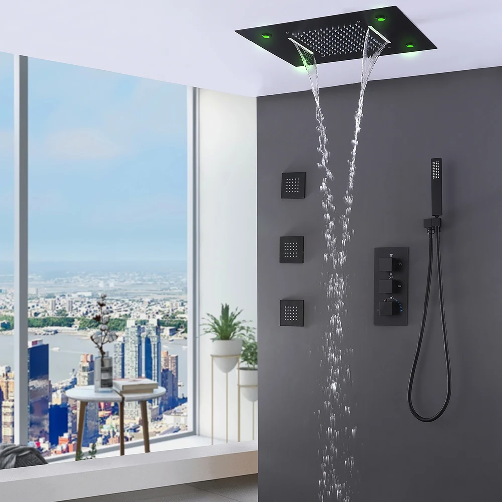 نظام دش الحمام الفاخر 3 وظيفة ماتي الأسود دش خلاط مجموعة النحاس الأمطار Led دش رئيس مجموعة