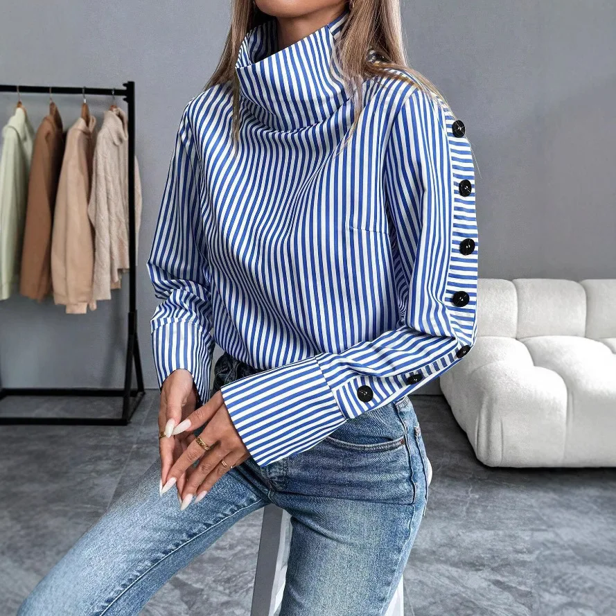 

Fashionable and Versatile Striped Urban Casual Thin Style Long Sleeved Lapel Single Breasted Blue Shirt