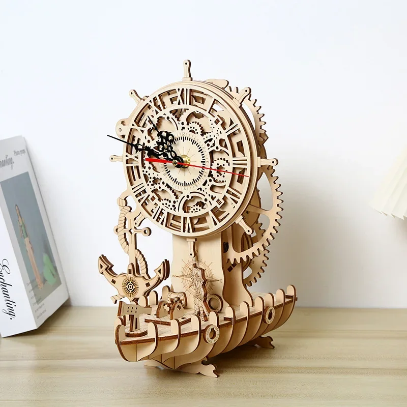 

3D Wooden Puzzle Pirate Ship Clock Model Kit Handmade DIY Assembly Toy Jigsaw Model Building Kits for Adults and Teens