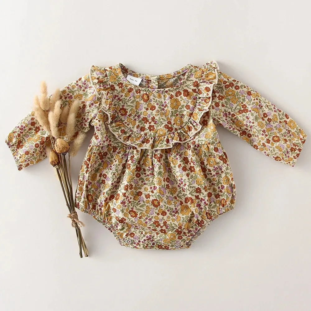 

Spring Baby Girl Jumpsuit Cotton and Linen Long-sleeved Baby Girl Newborn Baby Clothes Ins Romper Floral Climbing Clothe