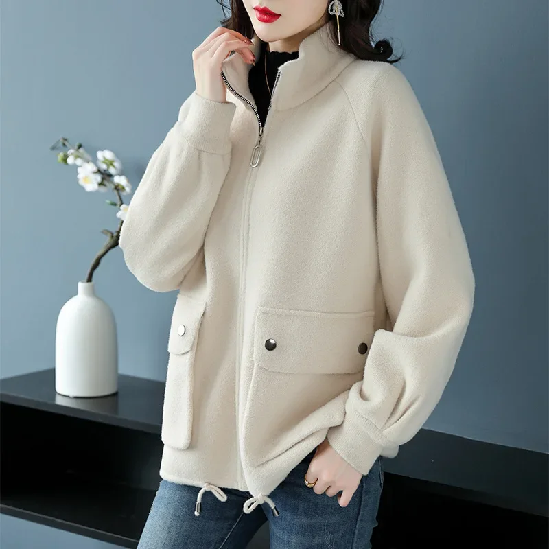 

2024 autumn and winter new bear stand-up collar imitation double-sided woolen cashmere coat women's thickened large size loose