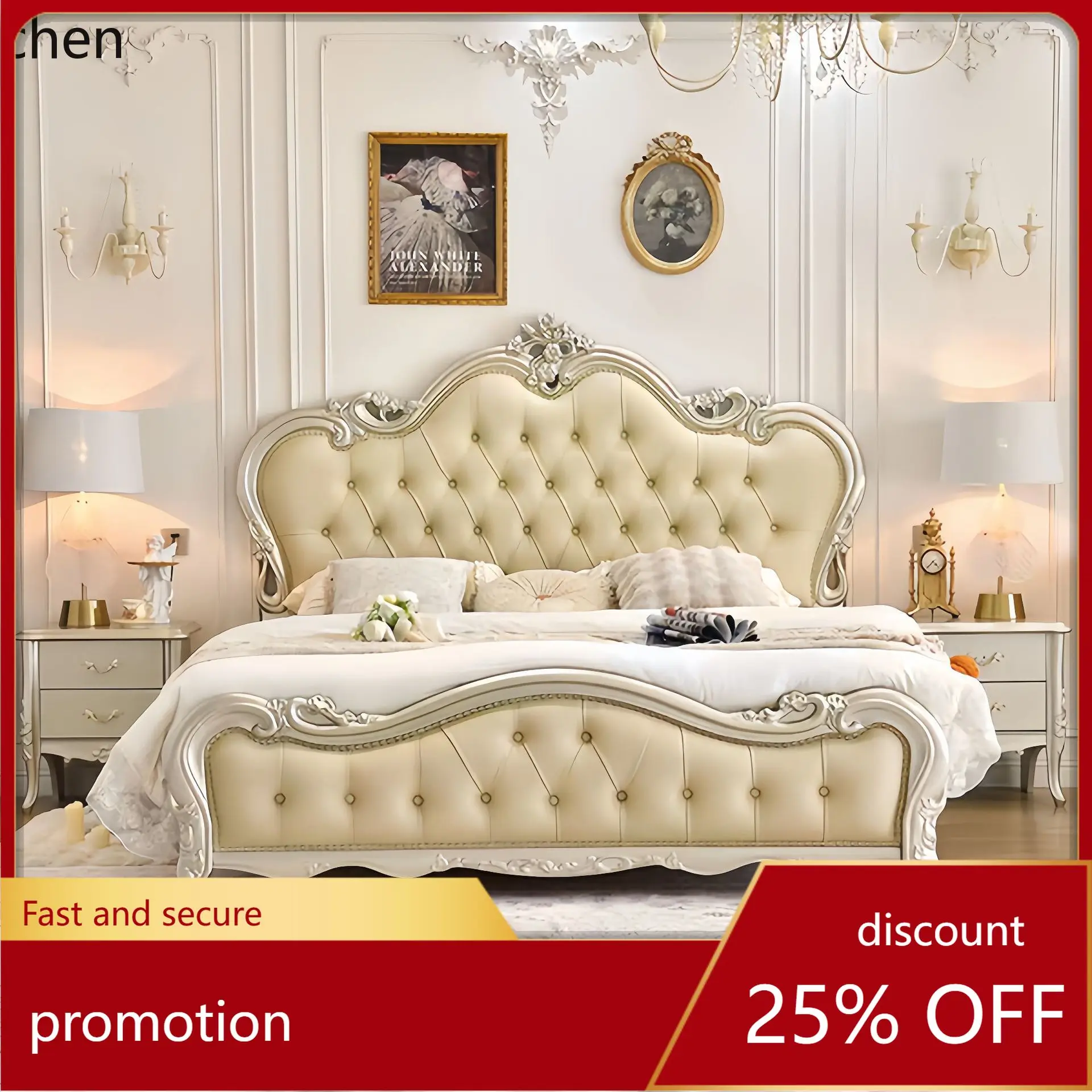 

HXL Solid Wood Master Bedroom Double Bed Romantic Carved Light Luxury Bed
