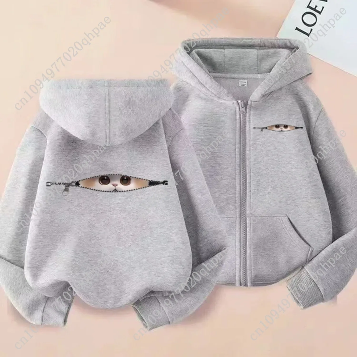 تحذير لطيف للغاية! قطة لطيفة عند فتحة سحاب، سويت شيرت بغطاء للرأس بسحاب ممتع #6