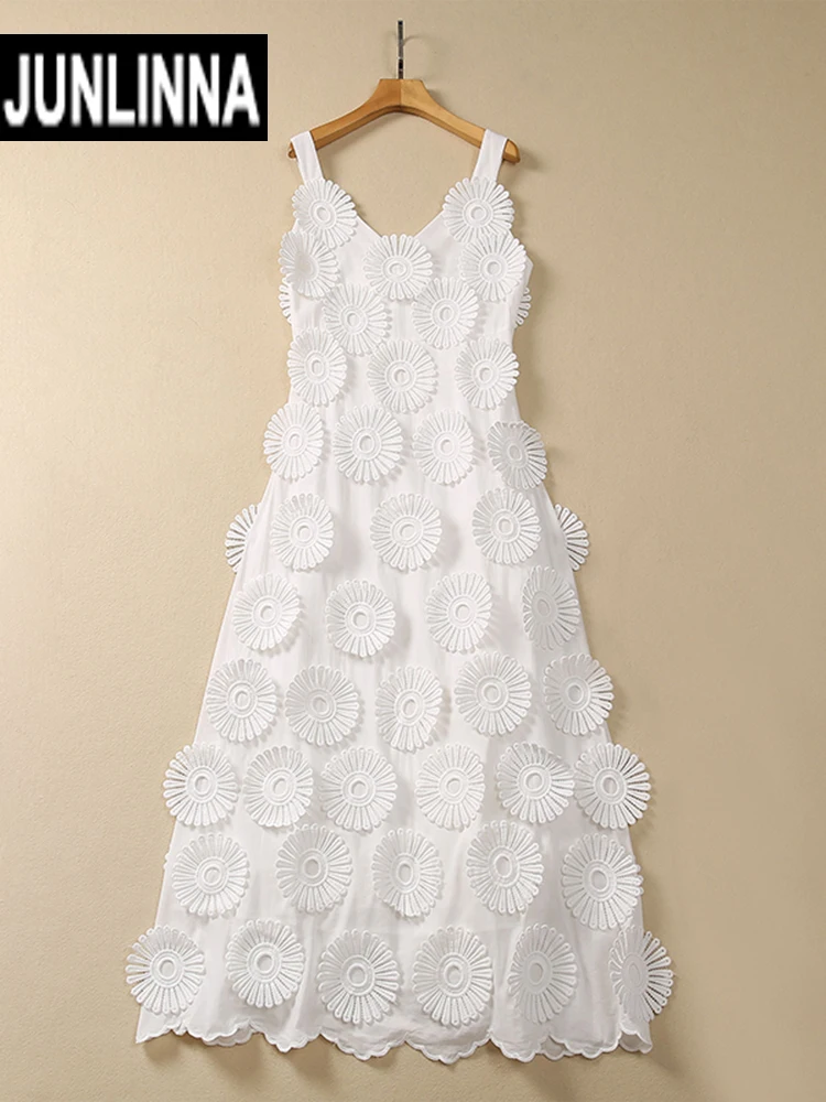 JUNLINNA 100% Cotton Embroidery Appliques Dress Spaghetti Strap Sexy Party Vestidos White Colour Fashion Elegant Expansion