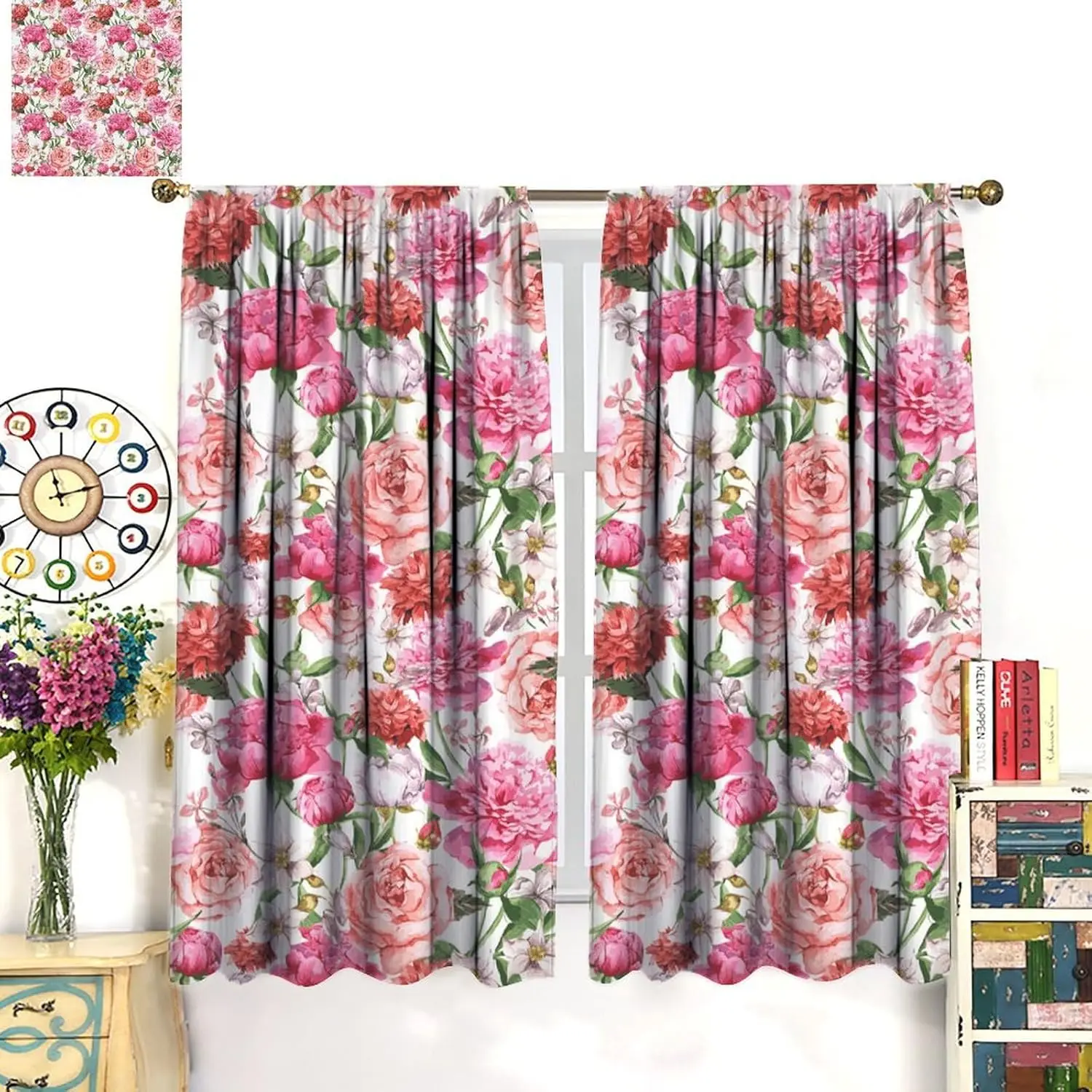 Watercolor Flower Blackout Window Curtain,Victorian Floral Pattern Painting Style Print with Peonie for Kitchen Bedroom Children
