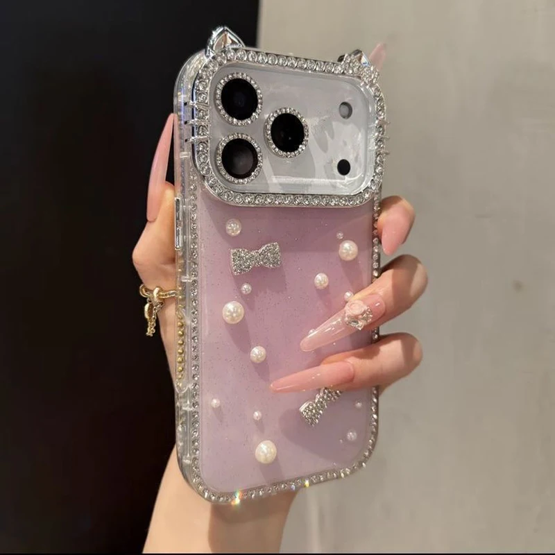 

Cute 3d Cat Ear Diamond Phone Case for iPhone 17 16Pro 15 14 13 Pro Max Cases Glitter Pearl Protective Shell