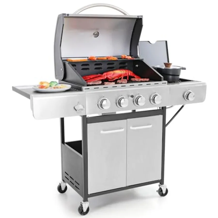 

4-Burner Propane Gas BBQ Grill with Side Burner & Porcelain-Enameled Cast Iron Grates, 42,000 BTU Output Stainless Steel Grill