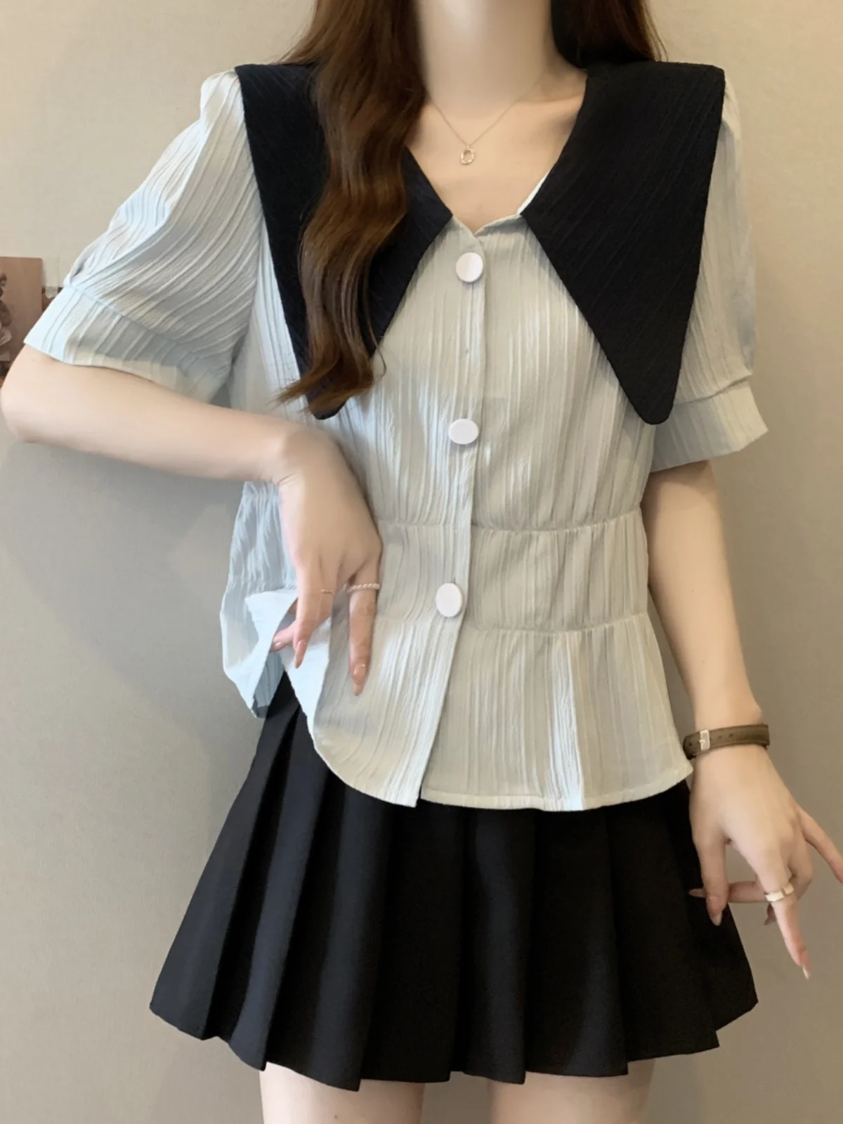 

Slimming Design Short Sleeve Shirt Women's Summer Fashion Casual Shirt Gathered Waist Conceals Belly Button Placket Splice Color