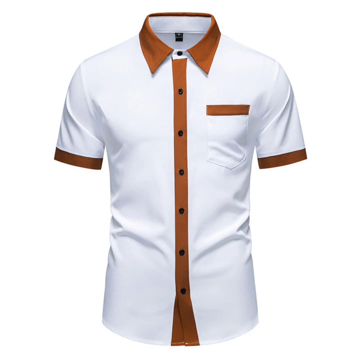 

Men's Color Block Short Sleeve Shirt, Breathable & Smooth, Casual Button Down Collar Top, White/Black/Army Green/Navy, S-2XL
