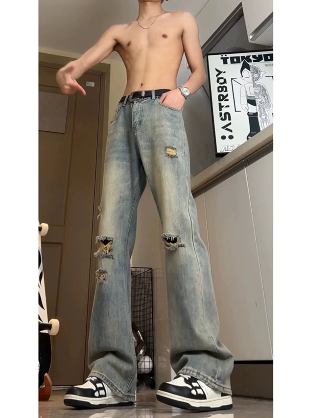 

High Waist Men's Blue Denim Jeans Vintage Ripped Knee American Vibe Long Pants Summer Faion Youth Wear Slim Fit Trousers