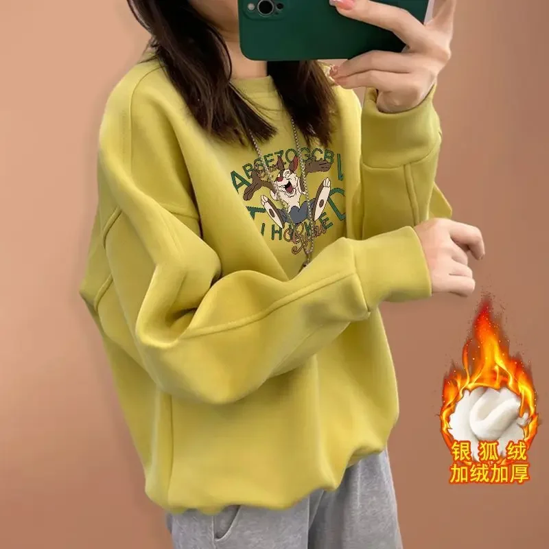 

Осенние новые свободные хлопковые толстовки с круглым вырезом, женские корейские модные высококачественные уличные толстовки с утолщенным принтом из серебряного лисьего меха