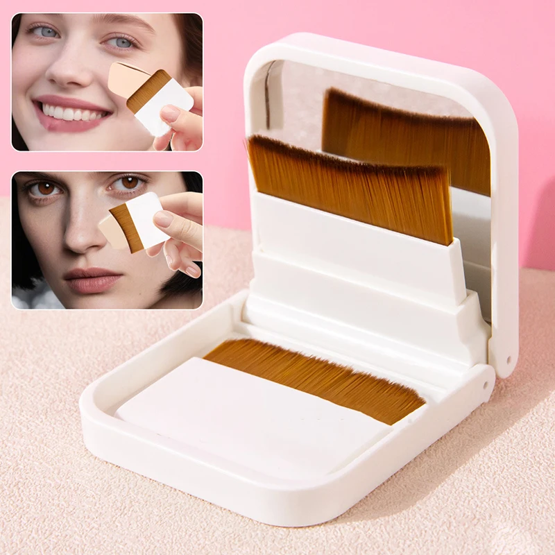 2Pcs Ultra-thin Compact Foundation Brush With Mirror Box Easy To Carry Flat-head Makeup Brush No Trace Replaceable Makeup Tools