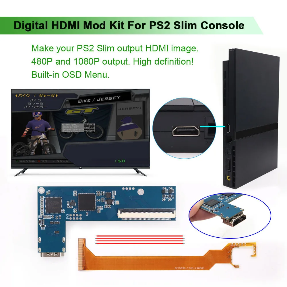 

Hispeedido For PS2 Slim to Digital HDMI Mod Kits Built in 6 Aspect Ratio Support 480P, 1080P HDMI Output