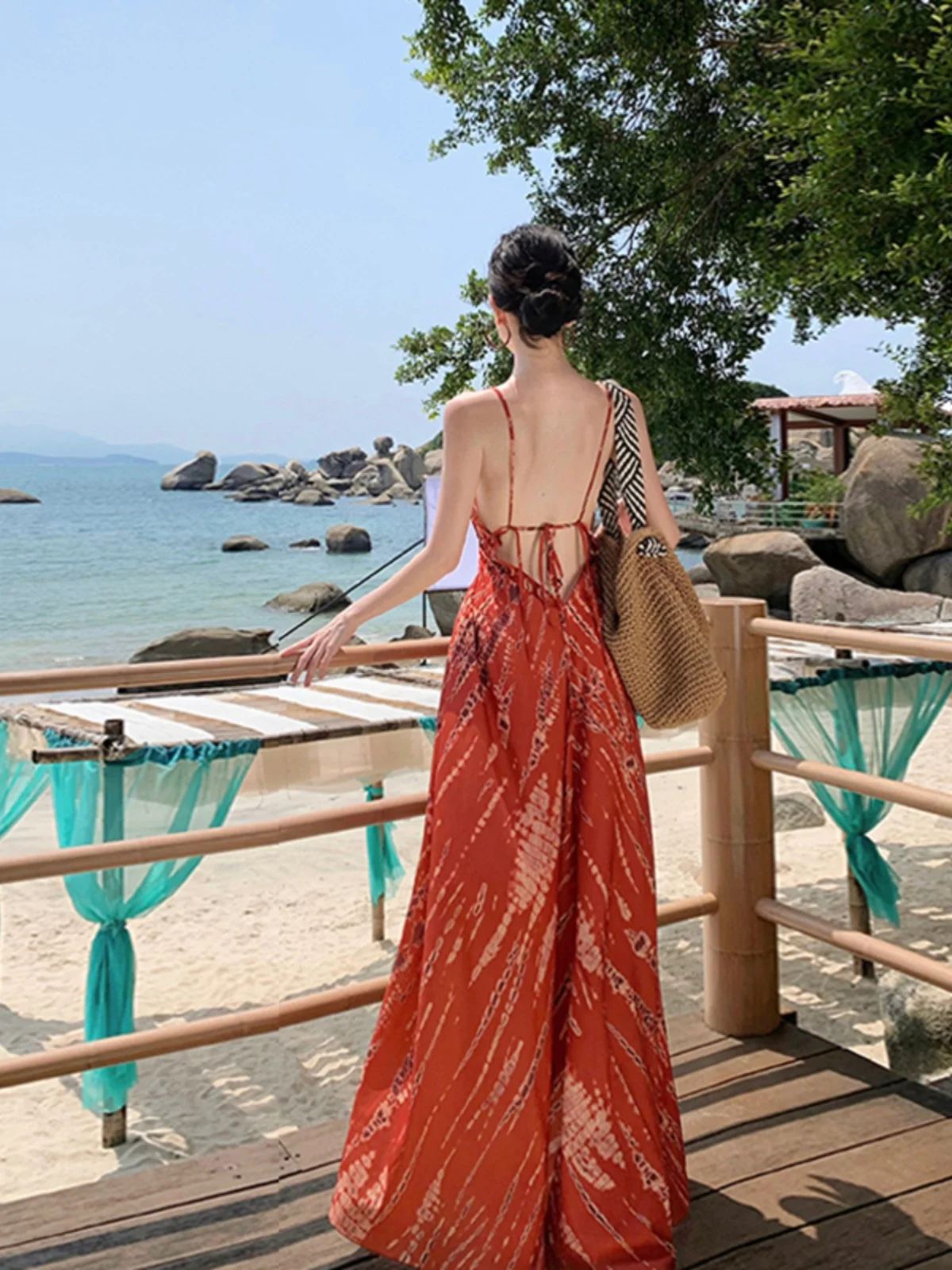 Thailand Travel Wear Sanya Temperament Beach Long dress Seaside Vacation Backless Sling Dress Bohemian Sle