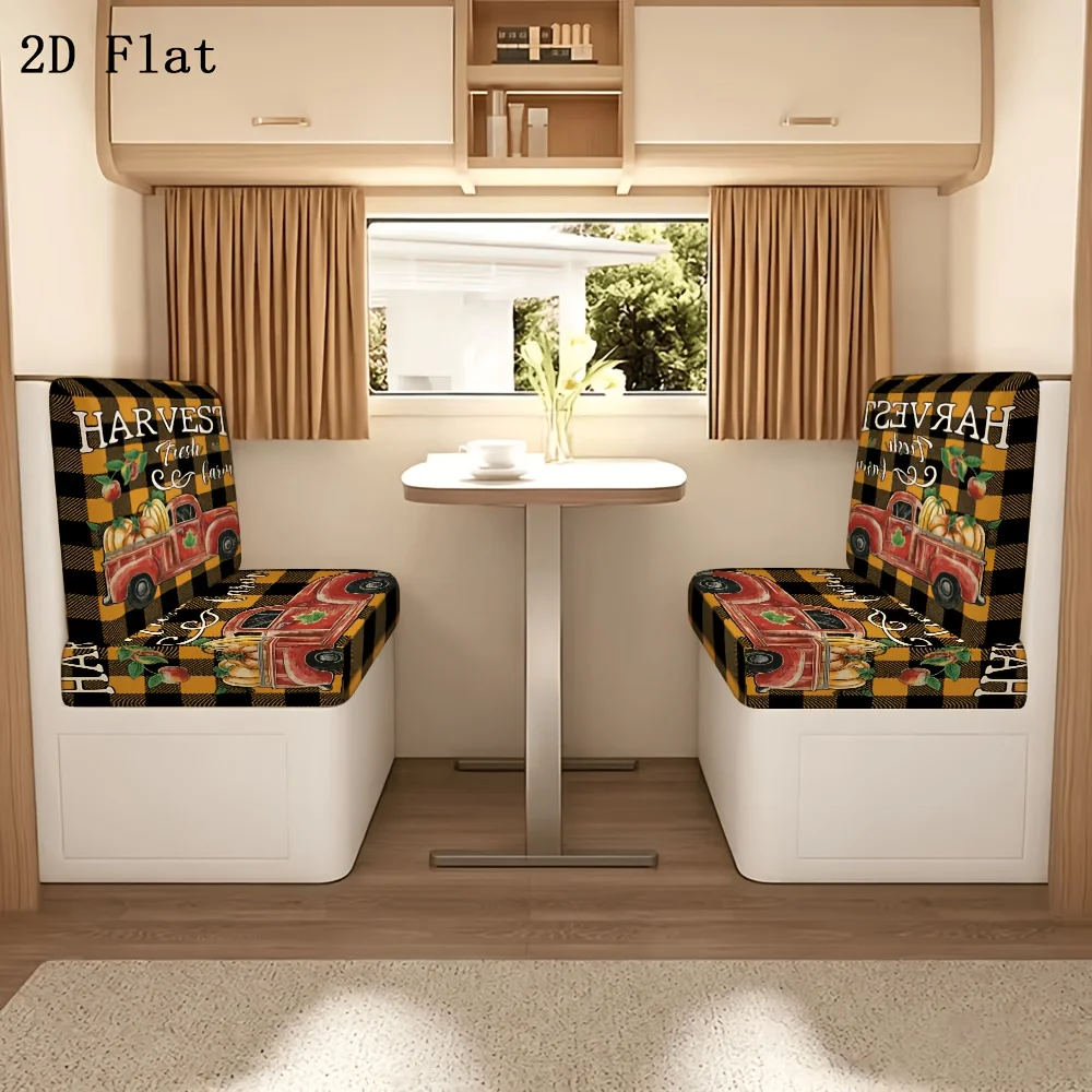 2pcs Harvest Fresh Farm Red Truck Buffalo Plaid RV Dinette Booth Seat Cover Stretch Camper Bench Slipcover