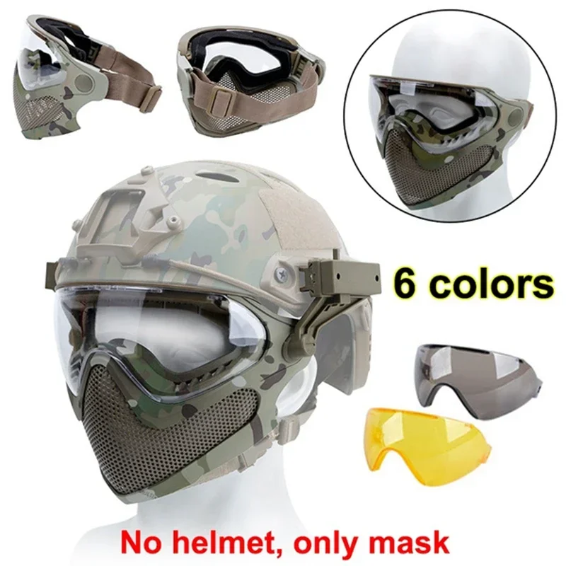 Tactical Mask with Steel Mesh Airsoft Paintball Full Face Mask Fits for Fast Helmet with Eye Protection Goggles 3 Lens