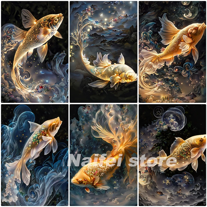 5D Diy Diamond Painting Fantasy Carp Set Diamond Embroidery Landscape Koi Mosaic Cross Stitch Kit Rhinestone Home Decoration