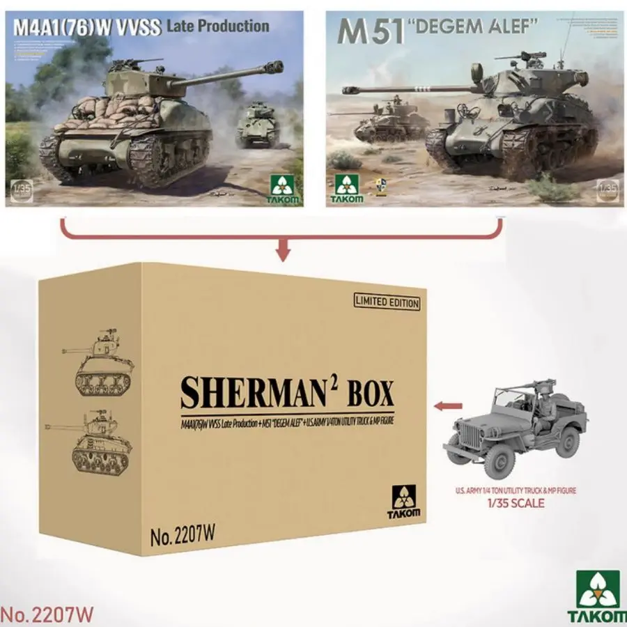 1/35 2207W TAKOM  SHERMAN² BOX M4A1 76(W) VVSS Late Production+M51 "DEGEM ALEF" w/U.S. ARMY 1.4 TON UTILITY TRUCK&MP FIGURE 1/35