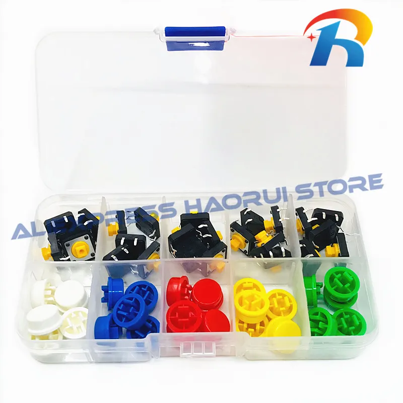 25Pcs Tactile Push Button Switch Momentary 12*12*7.3MM Micro switch button + 25PCS Tact Cap(5 colors) for Arduino Switch