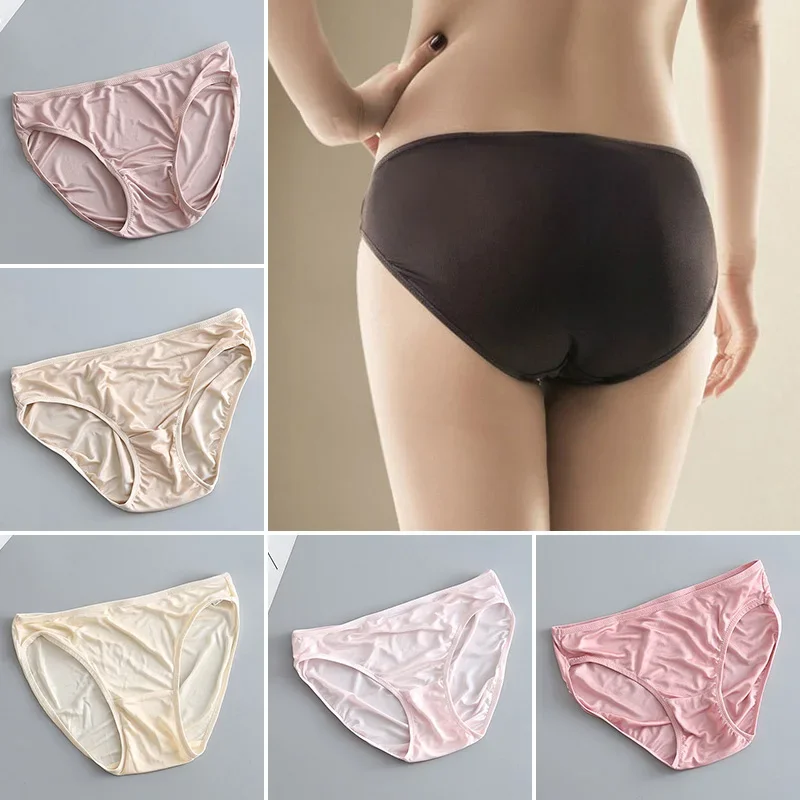 

S-XL 9Colors Mulberry Silk Smooth Underpants Low-Waist Breathable Comfortable Casual Mid Waist Women Daily Briefs Underwear