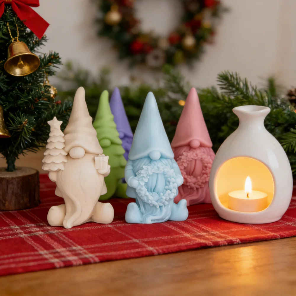 Weihnachtsgeschenk Bärtiger Zwerg hält Weihnachtskranz Silikon-Kerzenform Weihnachtsmann hält Weihnachtsbaum für Gips/Harz/Seifenherstellungswerkzeug