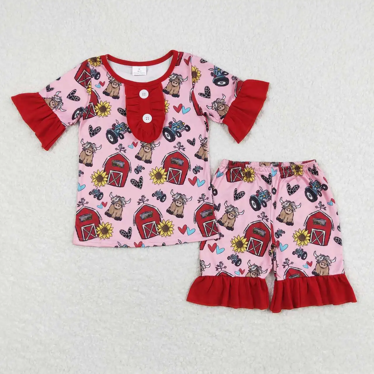 

Boutique wholesale clothing Toddler girls red farm Outfits Clothes Baby Short Sleeves floral pajamas Kids new arrival sets