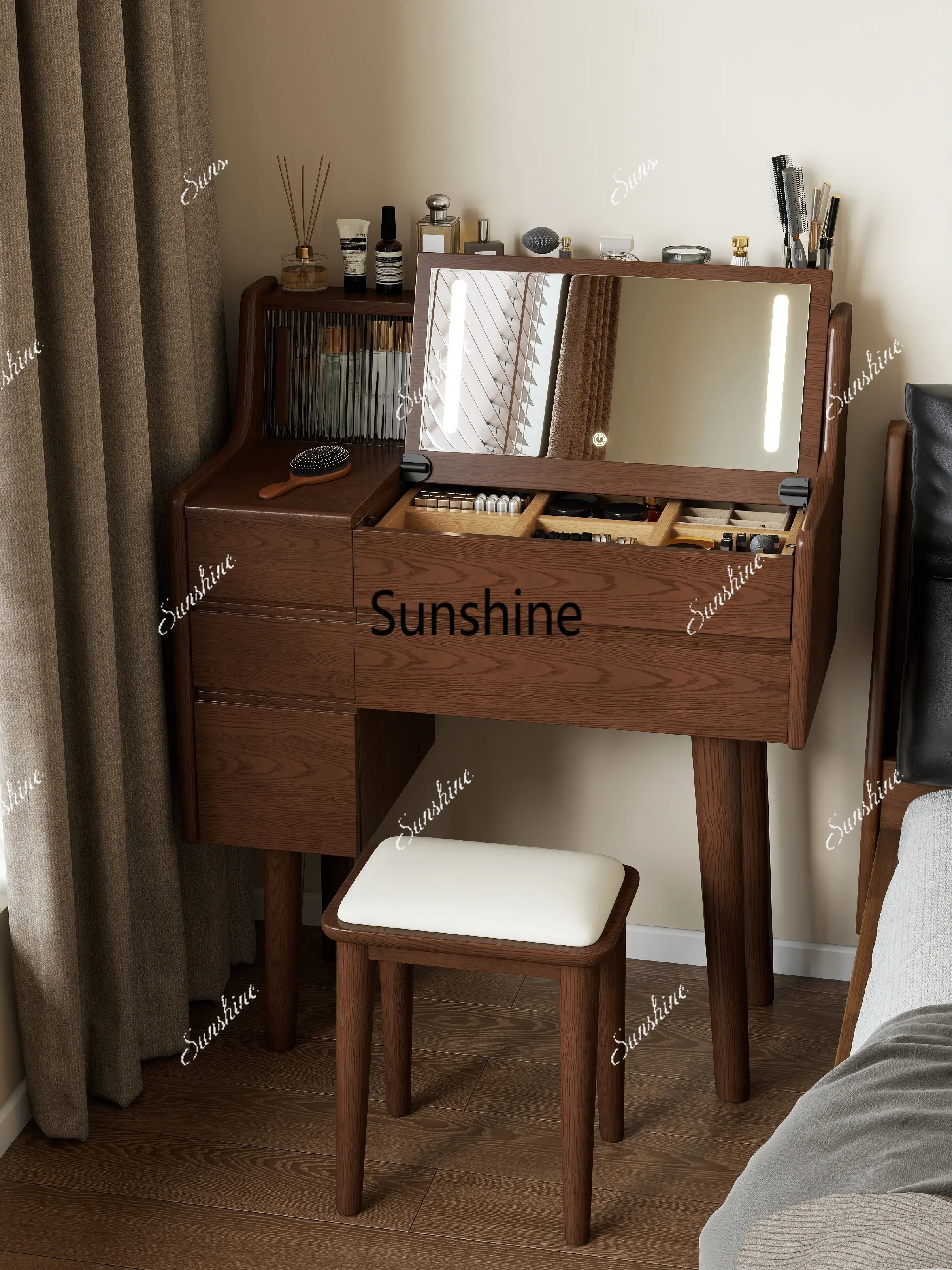 Small apartment solid wood clamshell dressing table and chest integrated