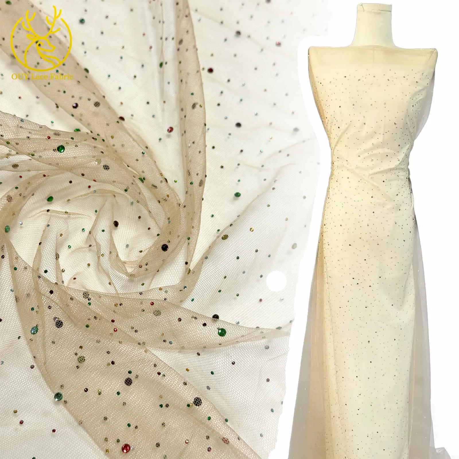 

African Stone Lace Fabric 2025 Premium French Sequined Tulle Bridal Lace Fabric Suitable for Women's Wedding Dress Sewing 5Yards