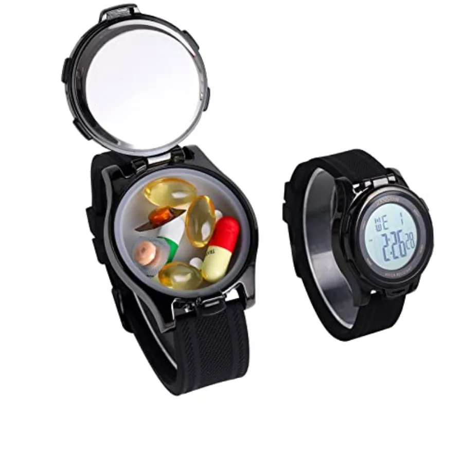

Watch with Pill Box Fashion Business Digital Watches for Men Water Resistant Pill Box for Emergency EDC Box for Emergency Small
