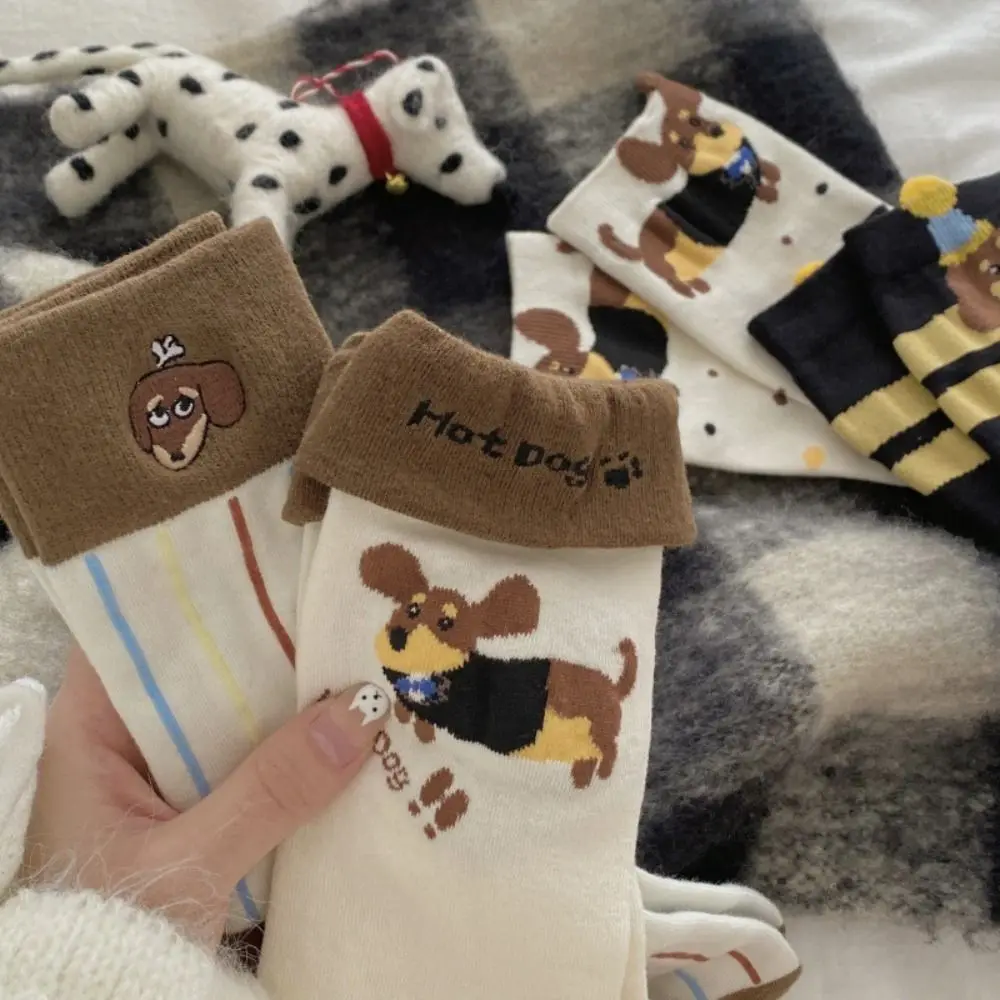 2Pairs Breathable Cute Cotton Socks Polka Point Dachshund Striped Socks Hosiery Mid-calf Stockings Cartoon Socks Students