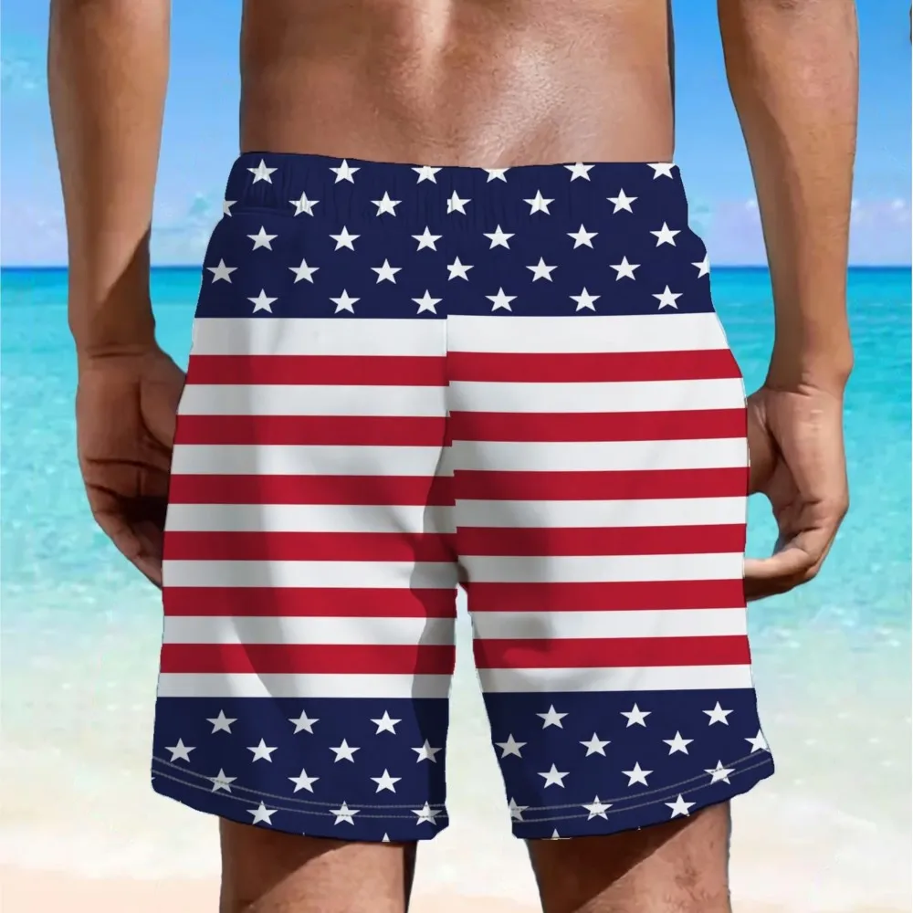 26 Summer New Men's Shorts US Independence Day Commemorative Casual Outdoor Sports Quick Drying Mesh Hawaii Vacation Shorts