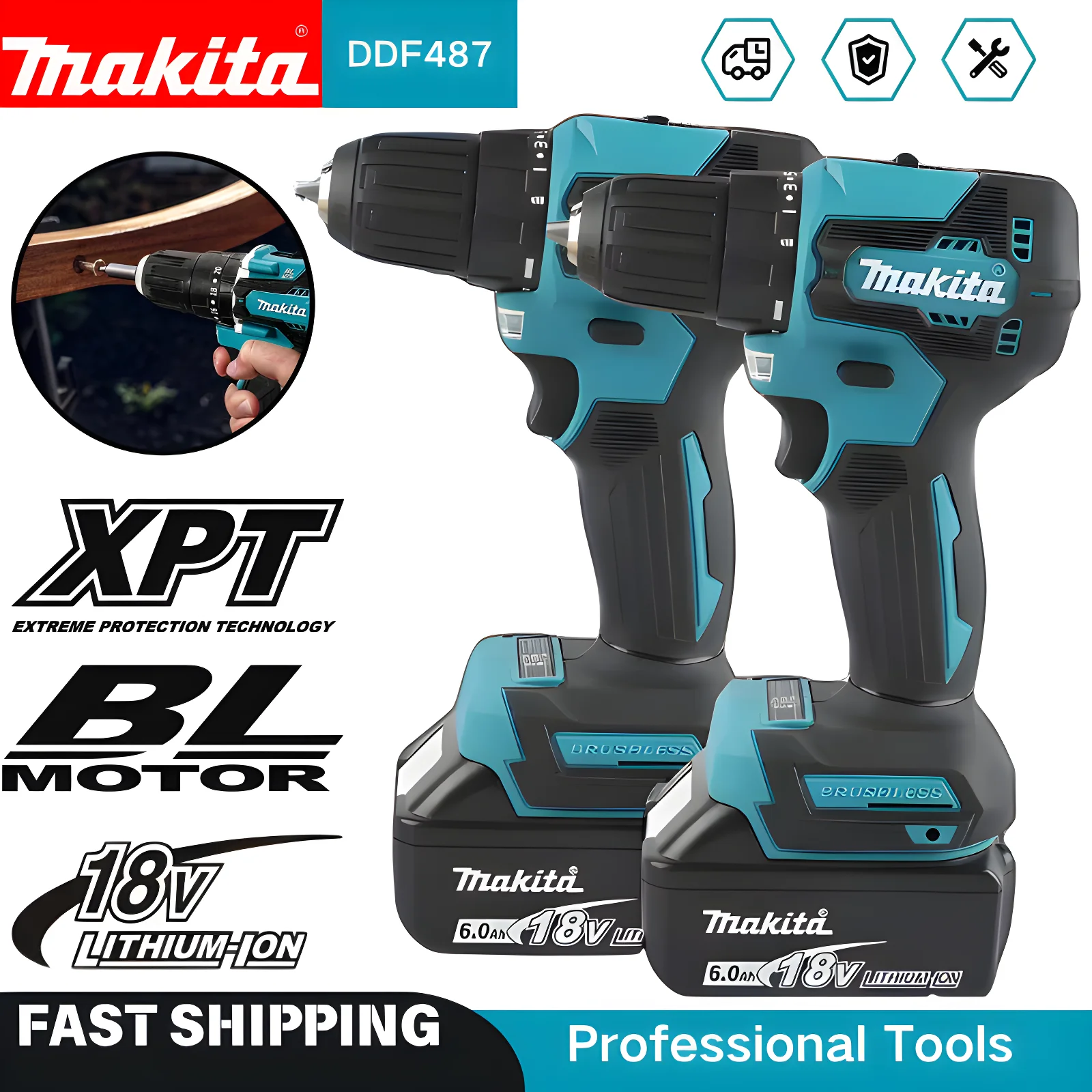 Makita DDF487 10mm Brushless 18V Lithium Electric Rechargeable Impact Drill Large Torque Screwdriver