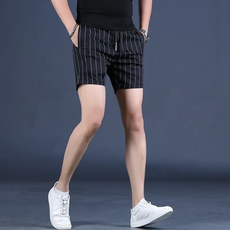 Chaopai Luxury Summer Men\'s Elastic Waist Drawstring Pockets Striped Casual Versatile Slim Knee Length Straight Beach Shorts