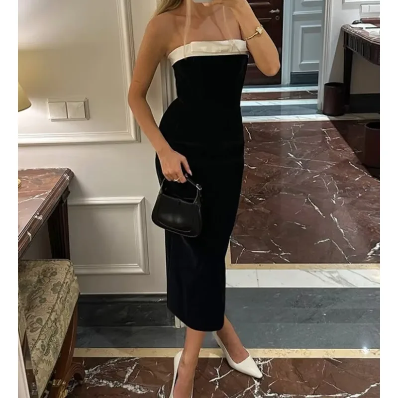 Off-shoulder Strapless Backless Sexy Maxi Dress For Women Patchwork Sleeveless High Waist Bodycon Split Long Dress