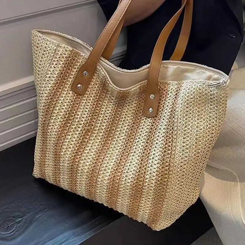 New Paper Rope Striped Shoulder Bags Fashion Straw Knitting Tote Bags Casual Large Capacity Handmade Handbags Women Beach Bag