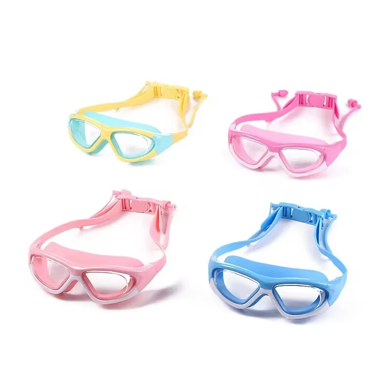 High-definition Children's Waterproof And Anti Fog Swimming Large Frame Glasses, Convenient Goggles Silicone Connected Earplugs