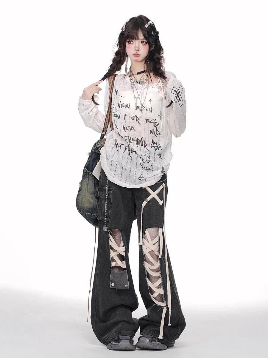 REDDACHiC Punkowe Czarne Jeansy Cargo Damskie z Ćwiekami, Sznurowane, z Dziurami, Kieszeniami, Wysokim Stanem, Szerokimi Nogawkami, Retro Harajuku Streetwear — zdjęcie 5