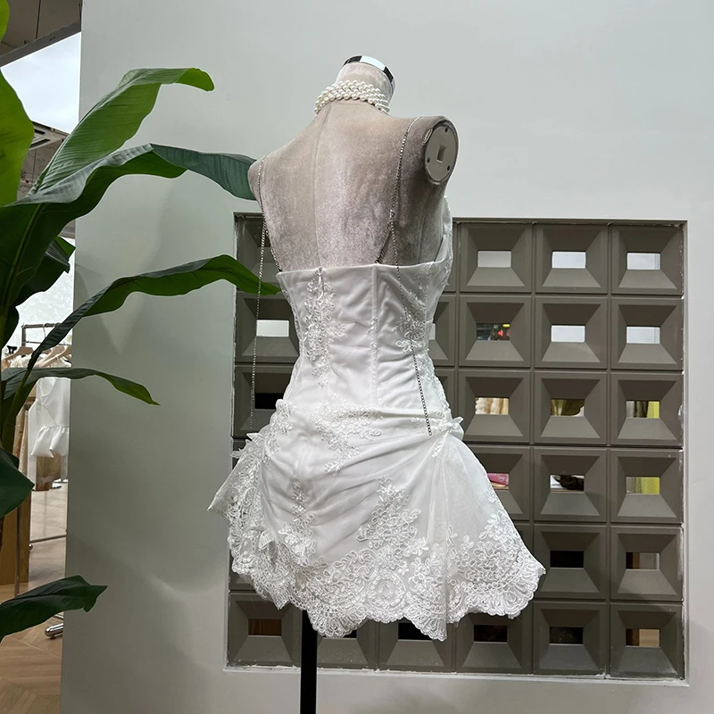 KBQ – Mini robe en dentelle pour femmes, couleur unie, Sexy, Perspective, Camisole, sans manches, dos nu, taille haute, élégante, mode féminine, nouveau