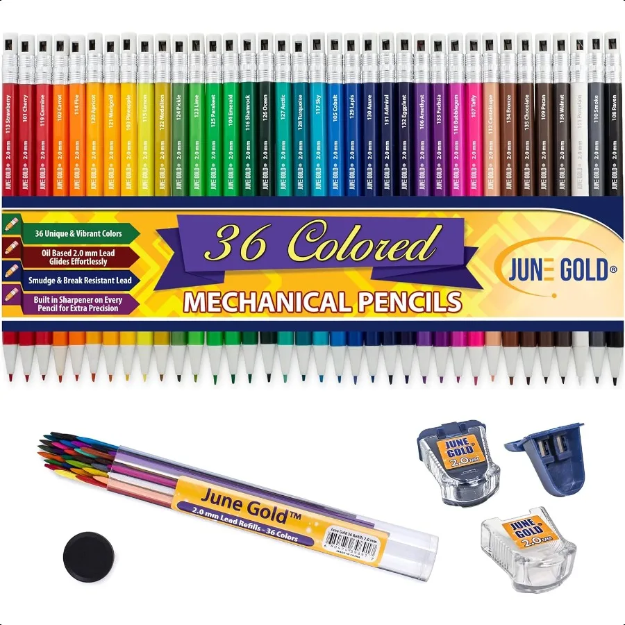 

June Gold 36 Assorted Colored 2.0 mm Mechanical Pencils with 36 Color Leads 36 Extra Refills 2 Independent Sharpeners Color Na