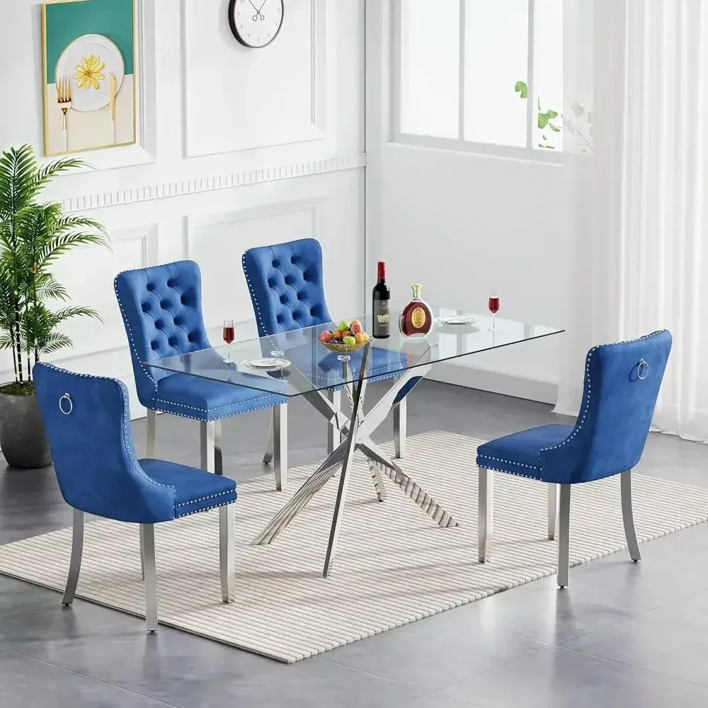 

5-Piece Glass Dining Set with Silver Legs or 4-Piece Silver Table with Blue Chairs for Small Spaces