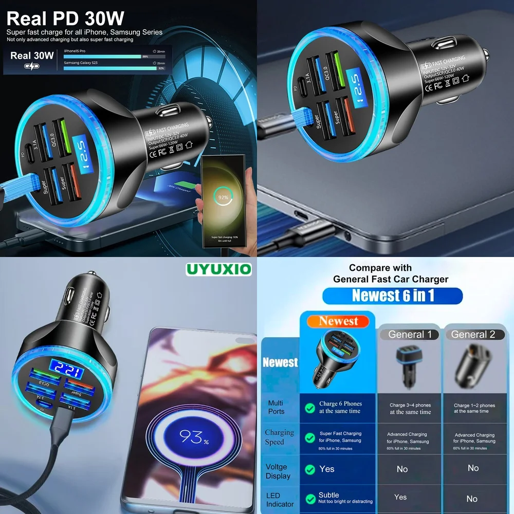 6 Ports for iPhone 17 16 15 14 Pro Max Plus Smart IC Chip Fast Charging Super Fast LED Digital Display Socket Car Charger PD 30W