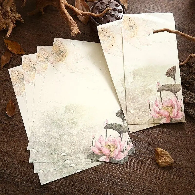 Imagem -03 - Conjunto Retro Carta Papel e Envelope Estilo Chinês Artesanato Flores Flores Peças por Conjunto