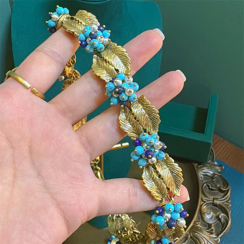 Luxury Woman Leaves Charm Bracelet Italian Designer Boho Blue Beads Pearl Handmade Jewelry Women\'s Accessories Christmas Gifts
